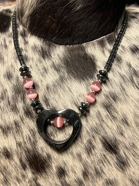 Pink Cat's Eye Beaded  hematite Heart Necklace